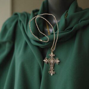 VINTAGE LONG CHAIN SILVER PLATED CROSS ~ LARGE SIZE~24 IN LONG